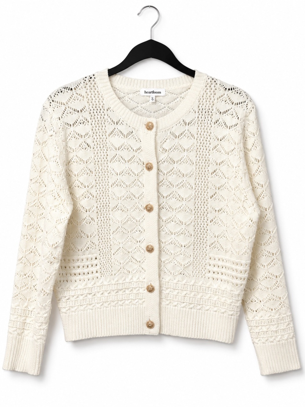 Heartloom Ivory Openwork Knit Cardigan with Gold Buttons